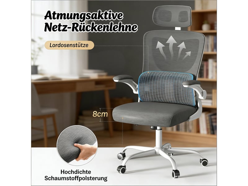  Chaise de bureau ergonomique à roulettes avec dossier inclinable - lpospi - têtière réglable, maille - gris  - Conforama E
