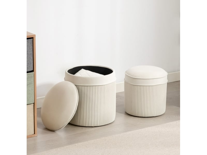  Lot de 2 poufs ronds avec rangement et couvercle, polyester crème, 36 x 41,5 cm  - Conforama E