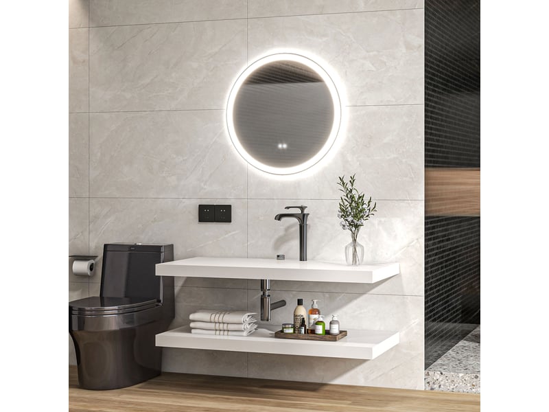 Miroir rond lumineux led de salle de bain ø 80 cm mural avec éclairage 3 couleurs interrupteur tactile 46w blanc argent - Conforama D