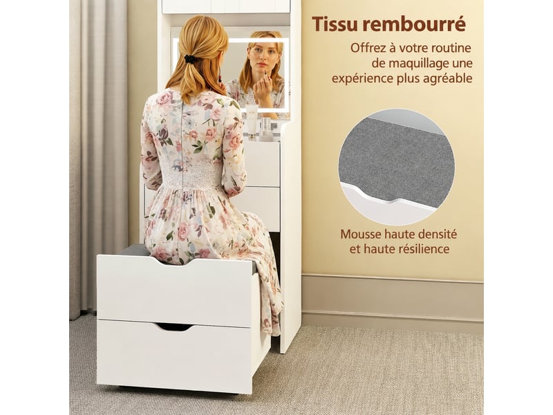  Coiffeuse avec miroir rabattable led 3 teintes, 3 tiroirs et tabouret rembourré, blanche, 50 x 40 x 160 cm  - Conforama D