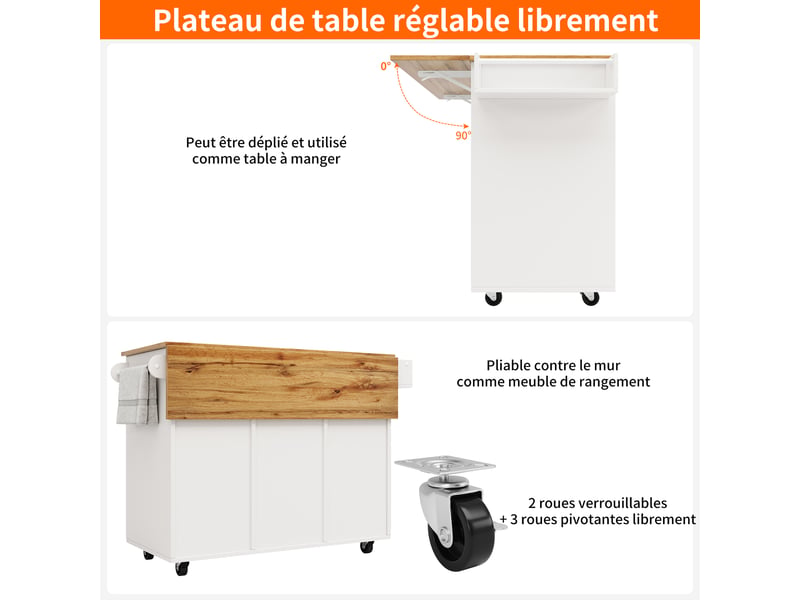 Îlot de cuisine multifonction - 137,5x65x95,6 cm déplié - 137,5x40x95,6 cm plié - blanc - mdf haute densité  - Conforama R