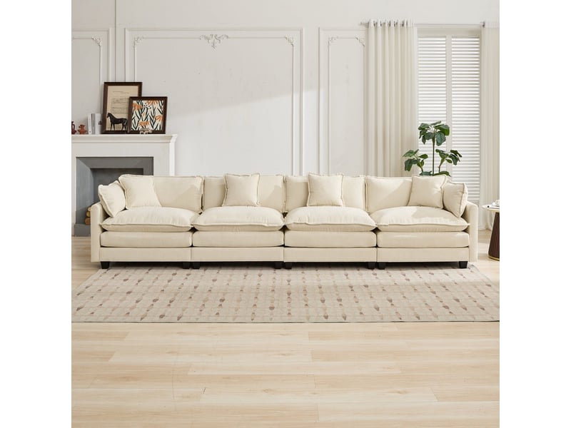  Canapé cloud 4 places moderne en tissu chenille beige double coussin rembourré  - Conforama D
