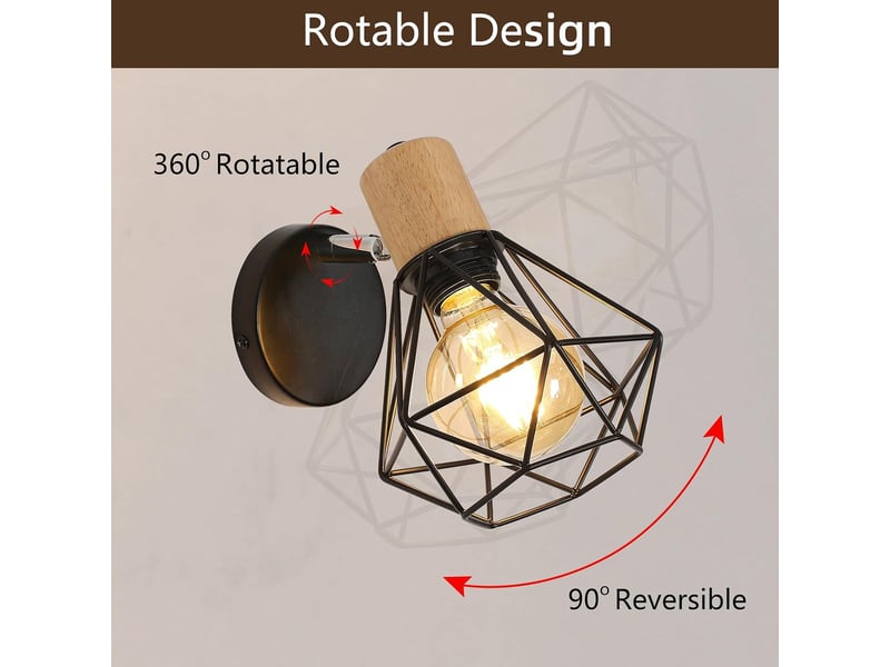  Applique murale de style rétro-industriel - orientable à 360°, en bois - abat-jour cage en métal - finition fer noir - idéale pour les chambres, les couloirs et les salons (ampoule non incluse)  - Conforama C