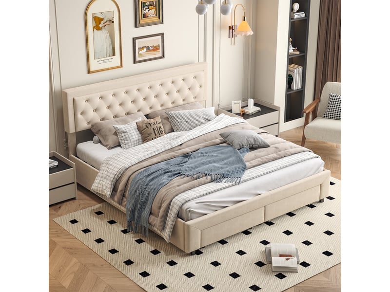  Lit double coffre 180x200, rangement hydraulique sous le lit, 2 tiroirs au pied, sommier à lattes, tissu velours, beige  - Conforama D
