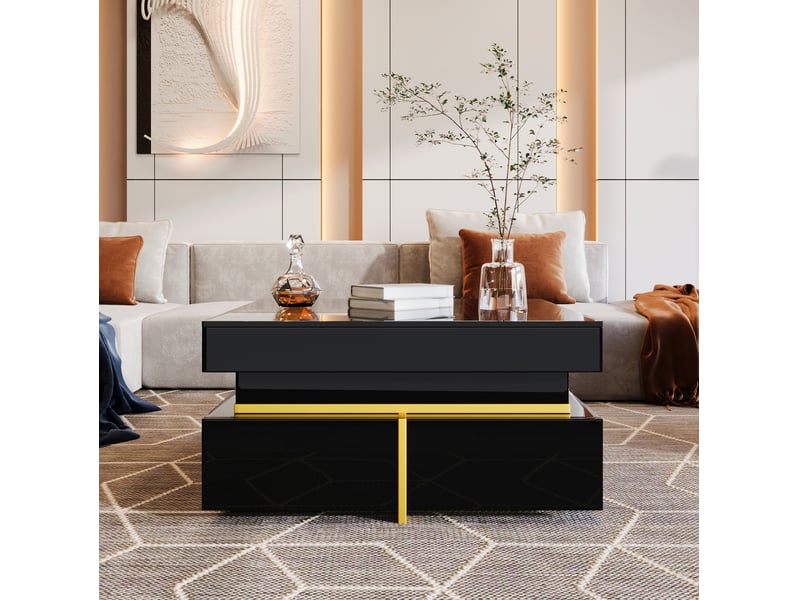  Table basse 70x70x35,5 cm avec 2 tiroirs panneau de particules noir brillant et accents dorés  - Conforama E