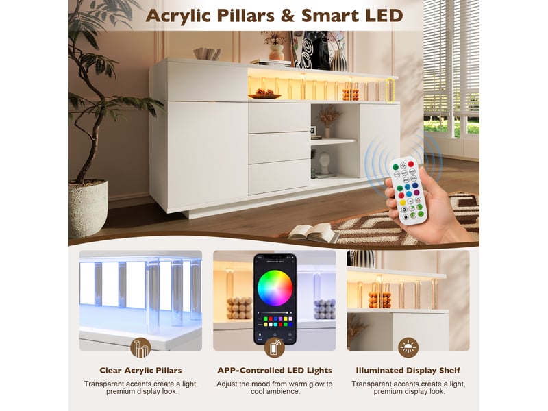 Buffet et enfilade avec 4 tiroirs, 2 portes, étagères réglables et led pour salon en bois 160×40×75 cm blanc - Conforama E