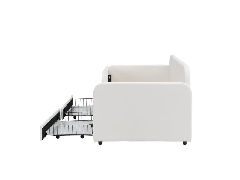 Lit enfant 90x200 cm, lit de repos, tiroirs, poches latérales, sommier, velours blanc, sans matelas - Conforama R