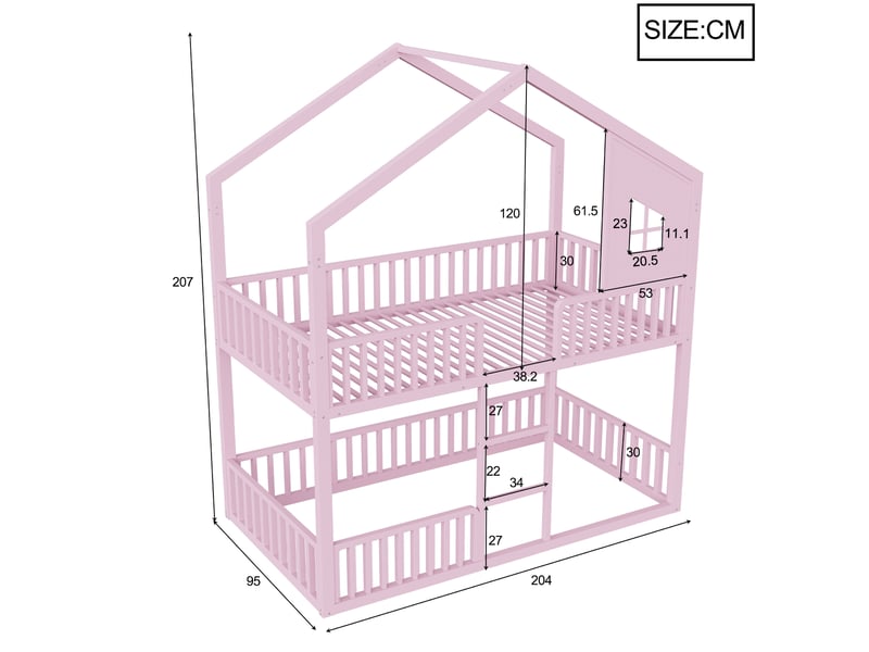 Lit superposé 90 x 200 cm pour enfant en métal rose, style cabane avec fenêtres, échelle droite et garde-corps de sécurité sur les deux niveaux - Conforama D