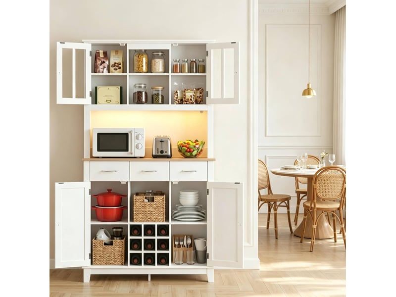  Buffet haut de cuisine 100 x 39,5 x 180 cm avec éclairage rgb, blanc et chêne  - Conforama D