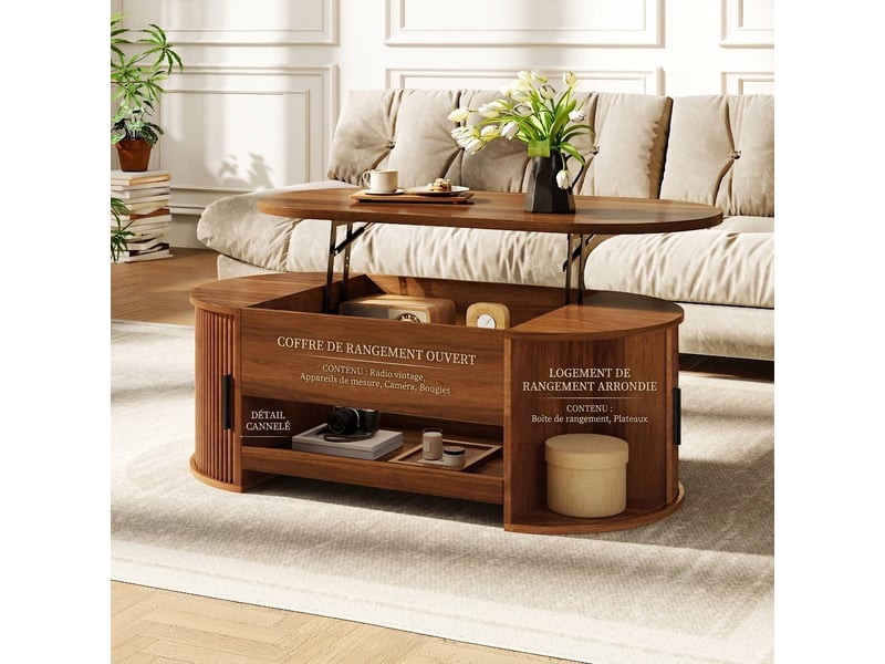  Table basse relevable avec rangement caché, plateau extensible, portes coulissantes, mdf noyer  - Conforama E