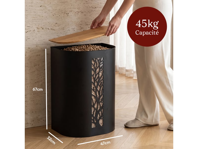  Casabel réservoir pellets &amp; granulés avec roulettes, cap. 45kg, métal noir, couvercle bambou, pour poêle à granulés  - Conforama B