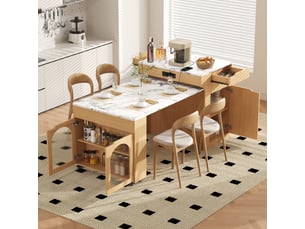 Desserte de cuisine extensible avec 2 tiroirs et roulettes, 55–153×80×93 cm, finition naturelle