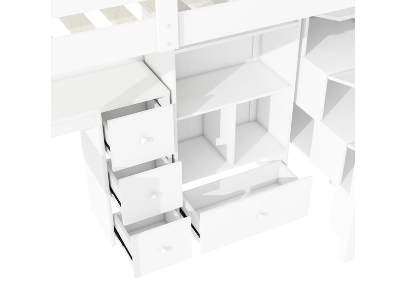  Lit mezzanine 90x200 cm avec 4 tiroirs, 4 niches et bureau, pin et mdf, blanc, sans matelas  - Conforama D