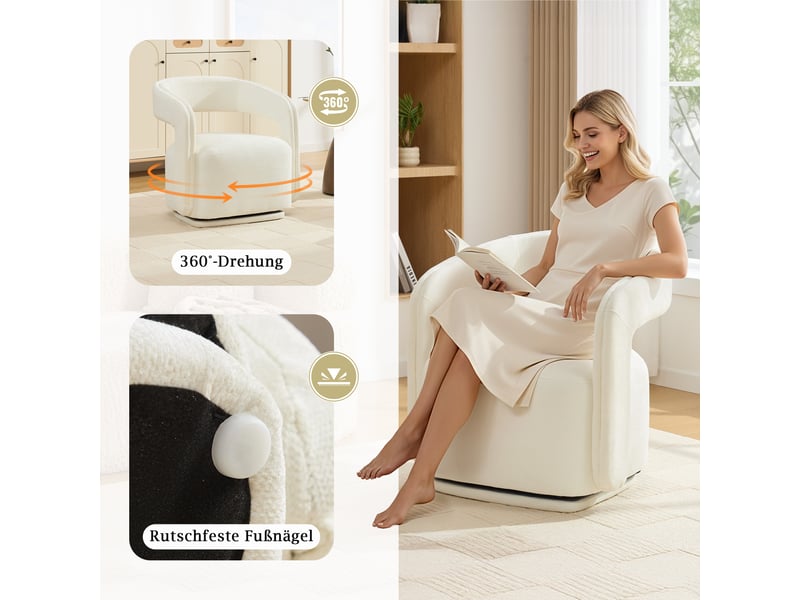  Fauteuil pivotant 360° barrel chair - lpospi - dossier ergonomique, structure bois, tissu chenille - blanc  - Conforama E
