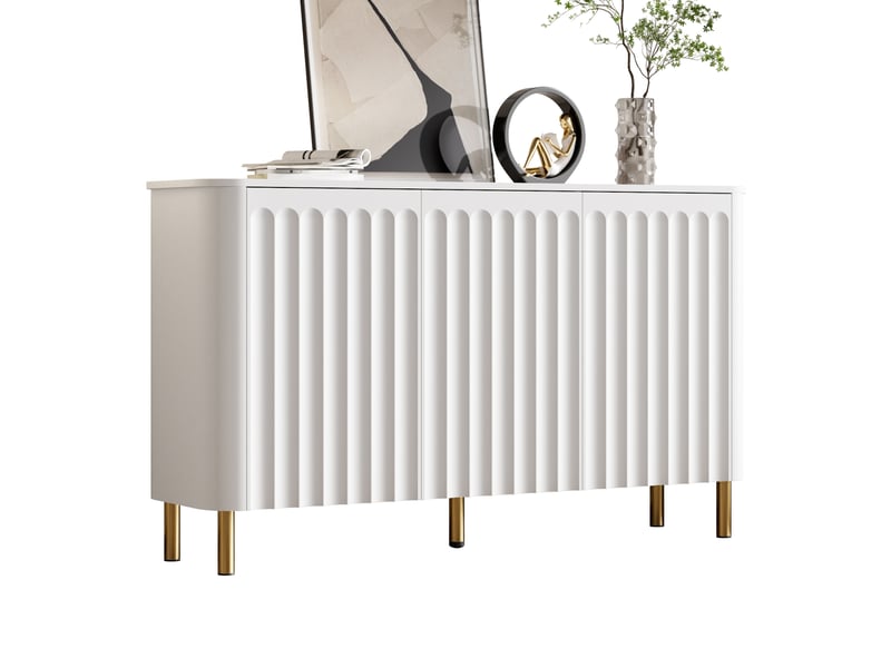  Buffet en mdf avec pieds en métal, 3 portes au relief en colonnes et bord ondulé, coins arrondis et sans poignées pour le salon  - Conforama A