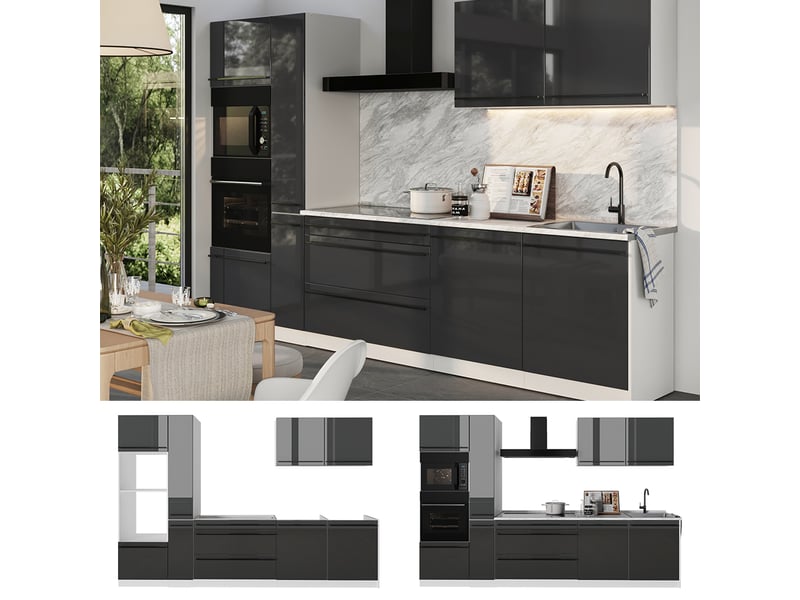  Vicco cuisine, anthracite haute brillanceblanc, 310cm plan de travail chêne doré  - Conforama D