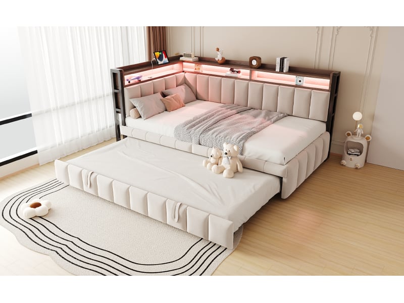  Canapé-lit convertible 90x200 cm avec lit gigogne, tissu velours beige, lit simple avec éclairage led et ports usb et type-c  - Conforama W