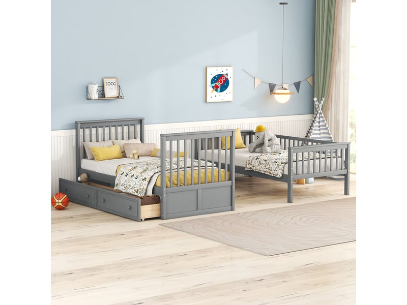  Lit superposé 90x200 en bois massif avec sommiers à lattes, lit enfant gris séparable en deux lits simples pour chambre moderne.  - Conforama R