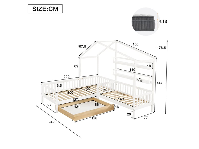  Lit enfant cabane en l 90x200 cm et 140x70 cm avec tiroir et étagères, blanc  - Conforama E