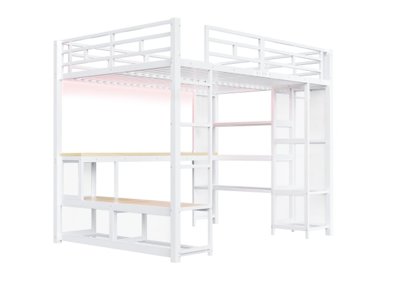 Lit mezzanine métallique blanc 140x200 cm - rangements, armoire ouverte, usb et éclairage led  - Conforama A