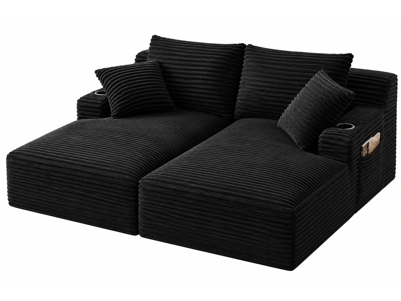  Canapé 2 places convertible en double méridienne, assise avec ressorts, porte-gobelets, velours côtelé, noir OMNIGLINT TRADING LTD - Conforama A