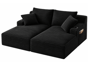 Canapé 2 places convertible en double méridienne, assise avec ressorts, porte-gobelets, velours côtelé, noir