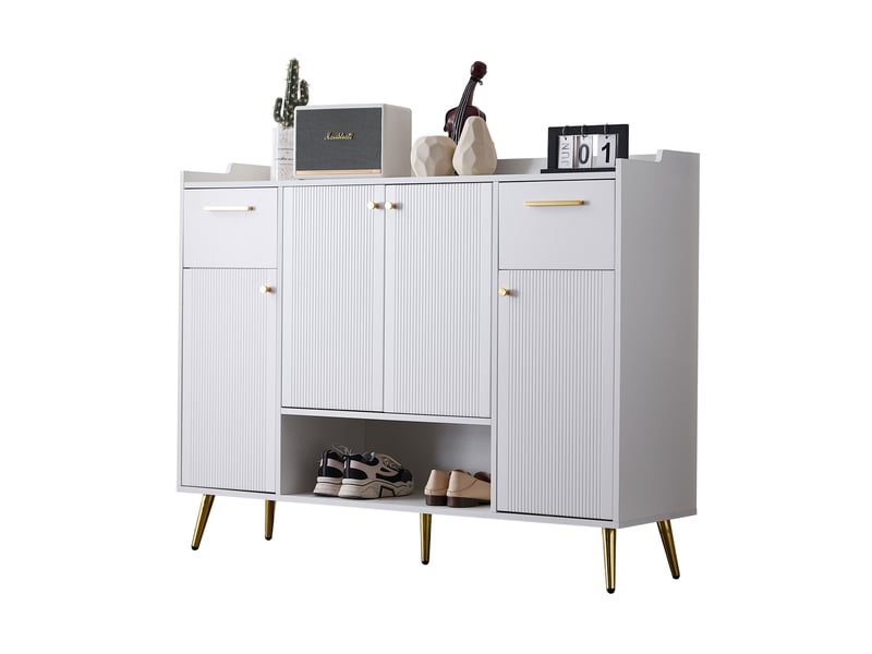  Meuble à chaussures 130x37x100 cm avec 2 tiroirs, 4 portes et compartiment ouvert, panneau de particules blanc  - Conforama A
