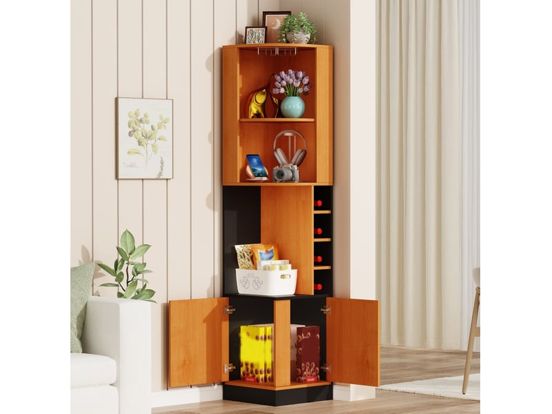  Meuble d'angle bar avec porte, 4 casiers à vin et porte-verres, en mdf naturel pour cuisine et séjour, 40 × 40 × 182 cm  - Conforama C