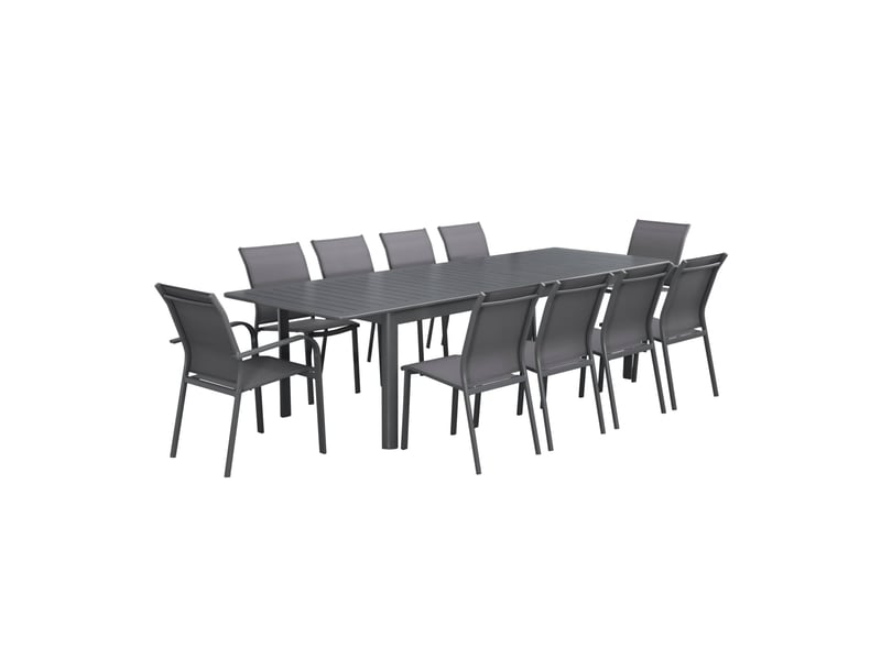 Table de jardin extensible aluminium et textilène anthracite. 8 chaises. 2 fauteuils. 10 places. 290 x 100 x 75 cm  - Conforama A