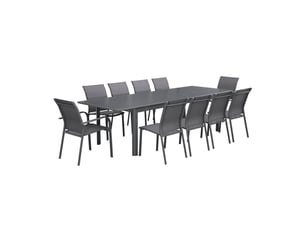 Table de jardin extensible aluminium et textilène anthracite. 8 chaises. 2 fauteuils. 10 places. 290 x 100 x 75 cm