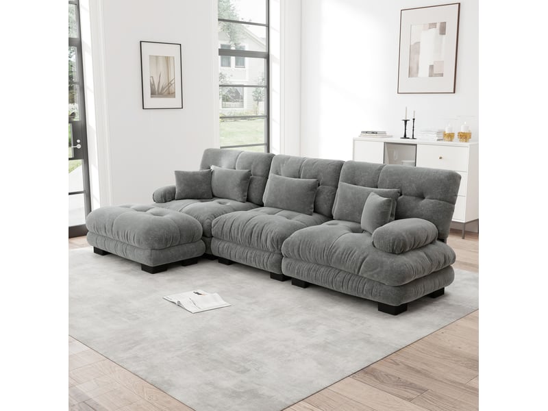  Canapé-lit modulable d’angle 3 places avec ottomans mobiles en chenille gris - 313 x 145 x 81 cm  - Conforama C