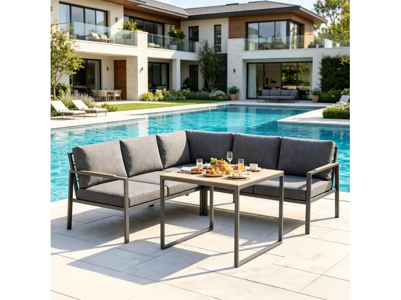 Salon de jardin contemporain en l 5 places avec table basse, gris foncé - Conforama B