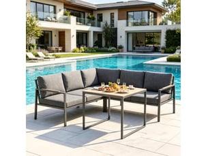 Salon de jardin contemporain en l 5 places avec table basse, gris foncé