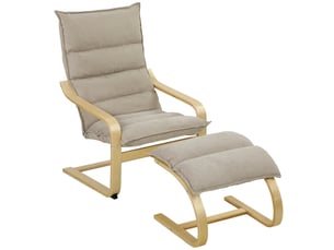 Fauteuil de salon et repose-pieds style nordique bois tissu taupe clair