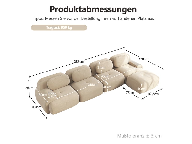 Canapé d'angle modulable modenvie 4 places avec méridienne en velours côtelé beige 388 x 178 x 70 cm - Conforama C