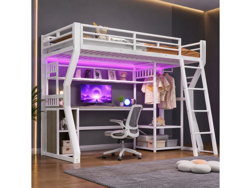  Lit mezzanine 90x200 cm avec bureau et éclairage en métal et mdf blanc  - Conforama D