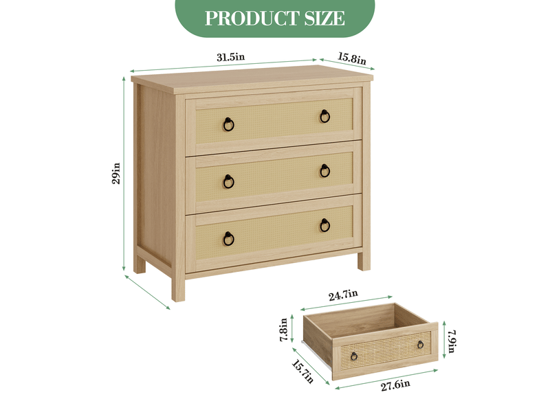  Commode en rotin 3 tiroirs, meuble haut et large en bois, tiroirs profonds, sécurité enfants，pour chambre, salon ou couloir PHO_339M6Q4K - Conforama C