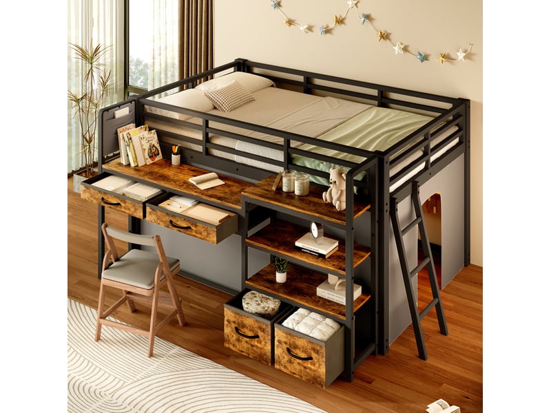  Lit mezzanine modenvie 140 x 200 cm avec bureau, rangements, tiroirs en tissu et led multicolore noir  - Conforama B