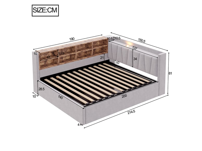  Lit banquette enfant 140 x 200 cm avec rangement hydraulique, veilleuse, usb et type-c, velours gris clair Fay Lum - Conforama C