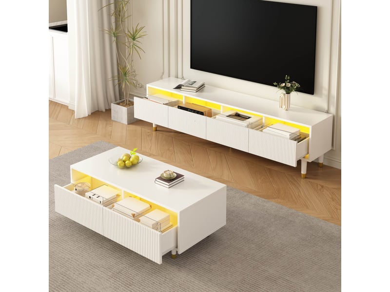  Table basse 110x50x40 cm avec led par application et 2 tiroirs, façades ondulées et pieds en bois massif, mdf, blanc et doré ABC - Conforama D