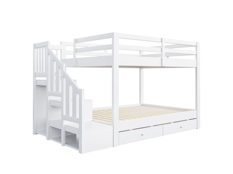  Lit superposé 4 places 140 x 200 cm avec escalier de rangement et 2 tiroirs, lit double en bois blanc avec penderie ouverte et garde-corps  - Conforama E