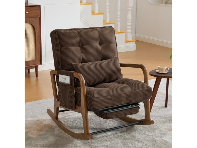  Fauteuil à bascule velours côtelé marron avec repose-pieds rétractable, dossier réglable et coussin lombaire, 70x80x92 cm  - Conforama D