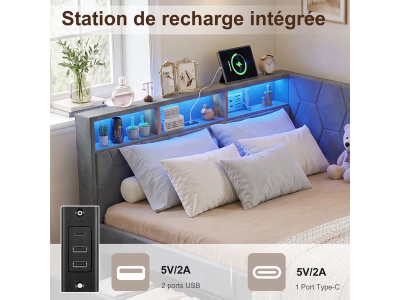 Kefsr lit double capitonné 140x200 cm en velours gris - lit avec 2 tiroirs de rangement, tête de lit led, étagères et ports usbtype-c, convertible banquette - Conforama E