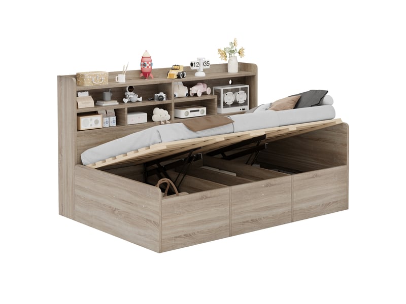 Lit banquette coffre 90x200 cm, banquette-lit, ouverture hydraulique, tête de lit avec rangement, éclairage led, mdf bois naturel OPULERANE TRADING LTD - Conforama A