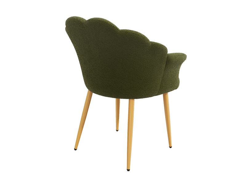 Fauteuil de salle à manger à dossier pétale avec accoudoirs et coussin, pieds en métal doré, tissu peluche vert - Conforama A