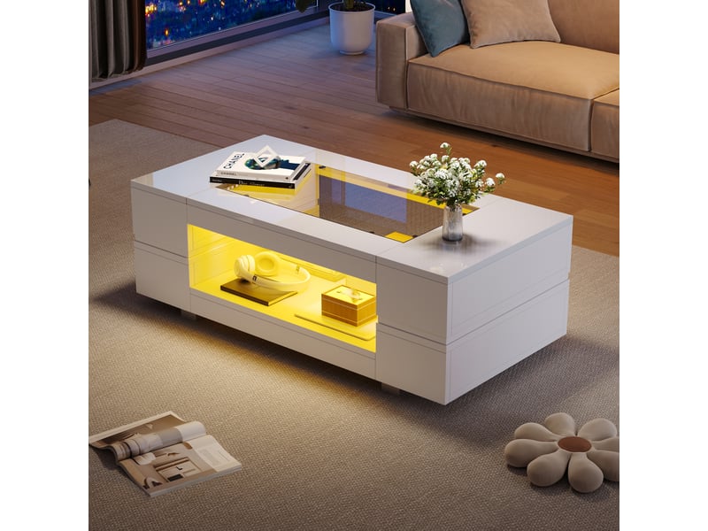  Table basse led blanche avec contrôle par application bluetooth, plateau en verre trempé, table de salon moderne 100x50x35 cm  - Conforama B