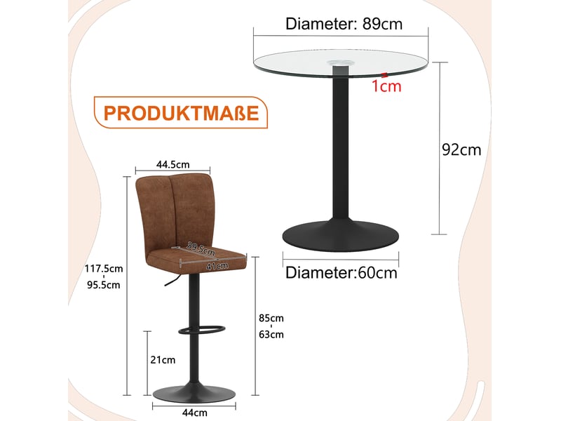  Set de bar moderne avec table ronde en verre 89 cm et 4 tabourets pivotants réglables marron et noir  - Conforama C