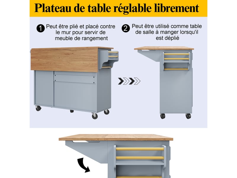  Îlot de cuisine multifonction 110x45-75x92 cm avec table rabattable et rangements modulables, mdf, bleu  - Conforama D