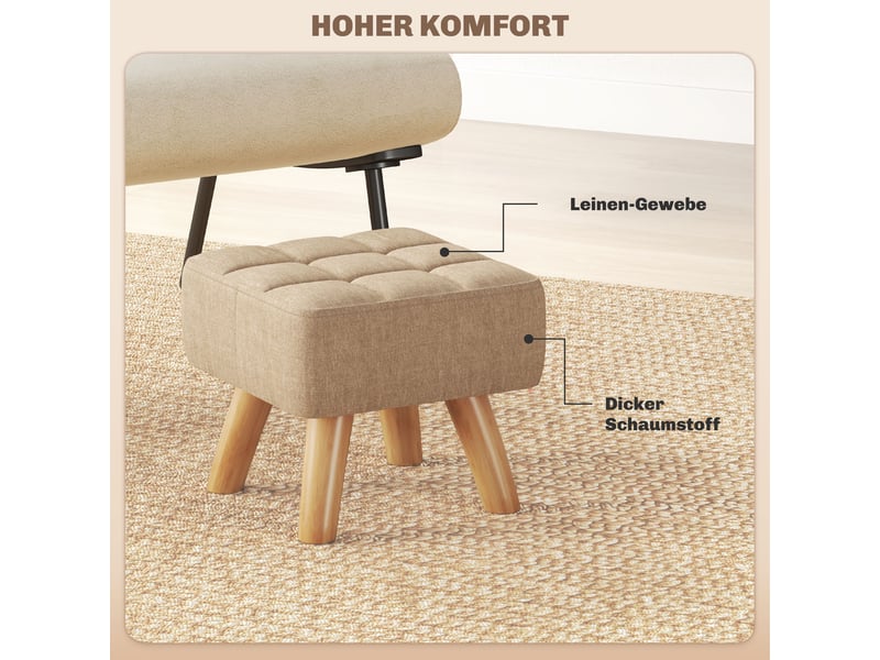  Repose-pieds rembourré aspect lin pieds bois marron 27 x 27 x 26 cm  - Conforama E