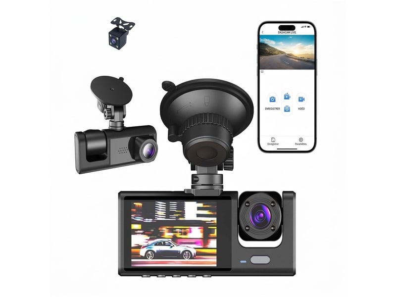 Dashcam voiture 3 canaux full hd 1080p wifi – caméra embarquée avant, intérieur et arrière avec écran ips 2,0, vision nocturne infrarouge, g-sensor et mode parking – noir - Conforama A